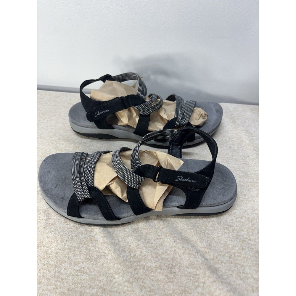 SKECHERS Women’s  REGGAE Slim SANDALS Summer Of Fun BLACK  Stretch Sz 9
